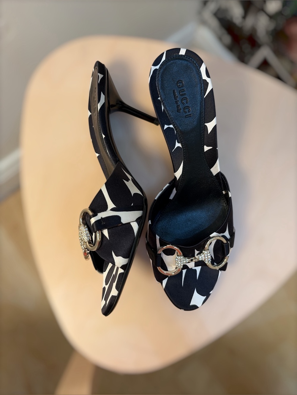 Gucci Black & White Patterned Mule Heels with Crystal Horsebit Accent